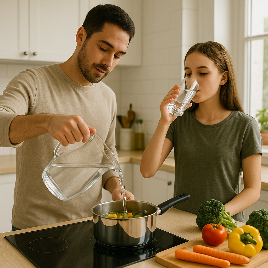 Couple using clean water for cooking and drinking in modern kitchen