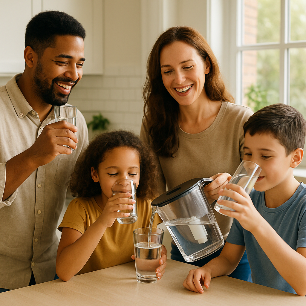 Happy family enjoying clean, safe drinking water together in their kitchen
